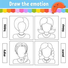 Draw the emotion. Worksheet complete the face. Coloring book for kids. Cheerful character. Vector illustration. Black contour silhouette. Isolated on white background.