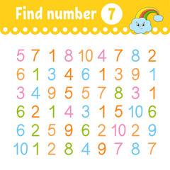 Find number. Education developing worksheet. Activity page with pictures. Game for children. Color isolated vector illustration. Funny character. cartoon style.