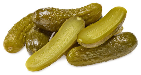 marinated pickled cucumbers with slices isolated on white background. Clipping path and full depth of field