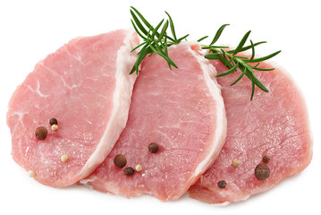 sliced raw pork meat with rosemar and peppercorn isolated on white background. Clipping path and full depth of field. Top view