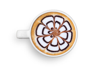 Hot latte art. Floral foam. Top view isolated on white background. Include cut path