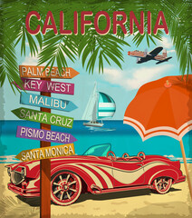 California retro poster with retro car. 