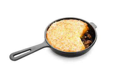 Frying pan with tasty Shepherd's pie on white background