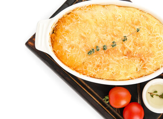 Baking dish with tasty Shepherd's pie on white background, closeup