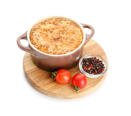 Pot with tasty Shepherd's pie on white background