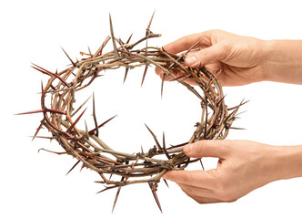 Hands with crown of thorns on white background