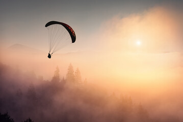 Paraglide silhouette over free ukrainian Carpathians