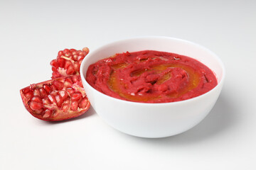 Concept of tasty food with hummus, close up