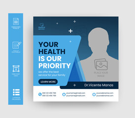 Healthcare medical social media post and web banner design template, Set of Modern social media post template. Abstract blue wave shape frame with place for the photo.