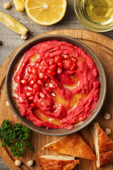 Concept of tasty food with hummus, top view