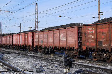 Fototapeta na wymiar Russian railway train with coal. Russian Railways. Energy crisis concept.