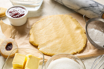 Fresh dough for preparing Easter cookies on table