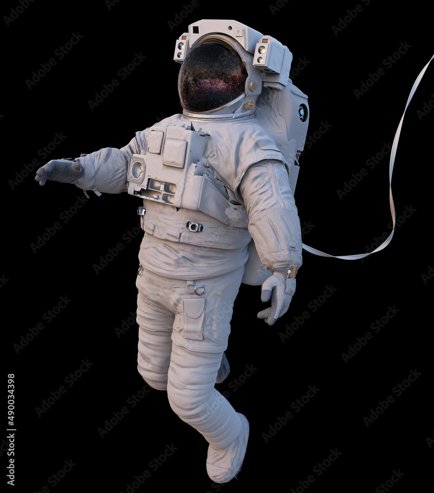 Sticker astronaut with safety tether in outer space, isolated on black background