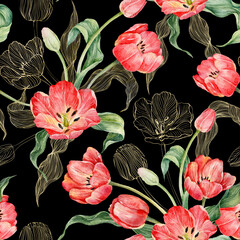 Seamless Pattern with watercolor red tulips. Pattern floral seamless. Red spring flowers.