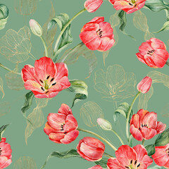 Seamless Pattern with watercolor red tulips. Pattern floral seamless. Red spring flowers.
