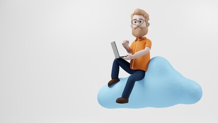 3D Illustration Man Sitting on the Cloud Service Server Laptop Computer Technology Network Communication Creative Idea Talent Software Development Application Mobile Concept Smiling Cheerful Data