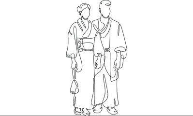 One continuous line.Japanese man and woman character in traditional folk national clothes yukata and hakama. Japanese couple. Continuous line drawing.Line Art isolated white background.