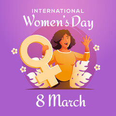 international women's day march 8 with woman holding female gender symbol