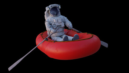 astronaut in rubber boat, isolated on black background 