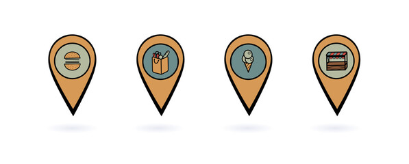 Collection of markers for the map. Pointers for the location of travel destinations. For navigation in the application, building a route. Grocery, shop, burger, ice cream, market.