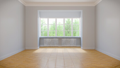 Fototapeta na wymiar 3d Illustration - leere, freie skandinavische Wohnung mit großen Fenstern und Parkettboden