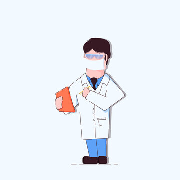 An illustration of a European-looking doctor taking notes in his folder. Face mask and goggles. The concept of treatment, diagnosis. Stock vector illustration. Isolated white background.