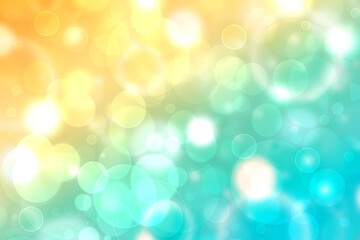 Abstract gradient light blue turquoise yellow green shiny blurred background texture with circular bokeh lights. Beautiful fresh backdrop. Space for design.