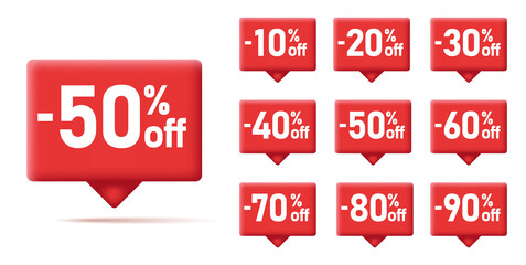 Sale tag speech bubble red square shape with different discount set. 10, 20, 25, 30, 35, 40, 50, 60, 70, 80 and 90, 3d red tooltip with pointer
