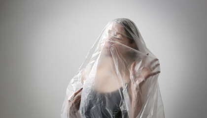 Woman wrapped in plastic sheet. Studio shot. Woman and mental health concept.