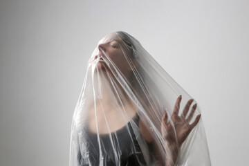 Woman wrapped in plastic sheet. Studio shot. Woman and mental health concept.