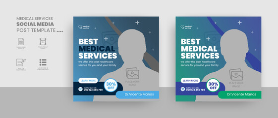 Medical services social media post and healthcare web banner. Hospital, doctor, clinic and dentist health business marketing banner with logo & icon. 
