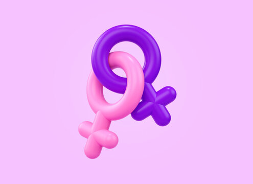 Two isolated female symbols united on a purple background for International Womens day in 3D illustration. March 8 for feminism, sisterhood, empowerment and activism for women rights