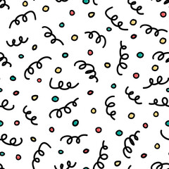 Party confetti seamless pattern. Doodle style hand drawn birthday firework texture. Dots and springs black outline salute happy fun seamless pattern texture. Simple sketchy print wrapping paper design