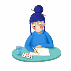 Cute cartoon girl artist with blue hair paints with watercolor paints