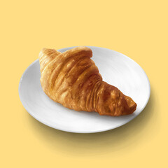 Illustration of a butter croissant on a plate on a yellow background. Digital painting