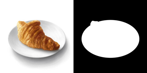 Illustration of a butter croissant on a plate on white background with clipping path and alpha channel. Digital painting