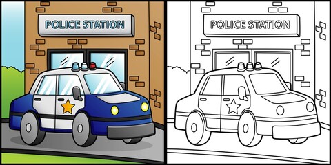 Police Car Coloring Page Vehicle Illustration - obrazy, fototapety, plakaty