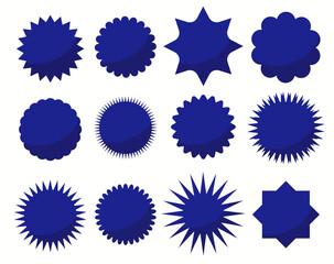 Blue shopping labels collection. Sale or discount sticker. Special offer price tag. Supermarket promotional badge. Vector sunburst icon