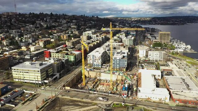 Orbiting aerial of the future Amazon headquarters location prior to construction.