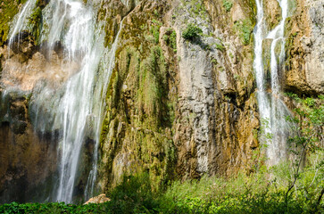 Great Velky Slap Waterfall in Plitvice Lakes National Park, Croatia. Waters Flows Over a Vertical Steep Drop. Unesco World Heritage.