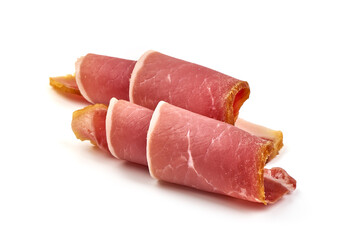 Italian prosciutto crudo or spanish jamon. Jerked meat, isolated on white background.