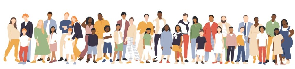 Obraz premium Multicultural group of mothers and fathers with kids. Flat vector illustration.