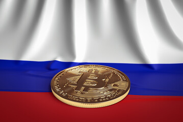 3d rendering of a gold Bitcoin over an Russia flag