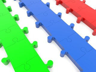 Three different colored vertical puzzle lines on white