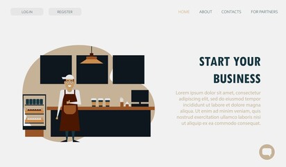 Coffeehouse minimalistic website template design with interior and happy smiling employee barista in bright pastel colors