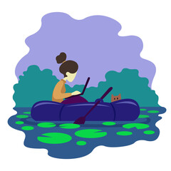 a girl with a laptop is sitting in a boat. remote work. remote study. flat vector illustration. outdoor recreation.