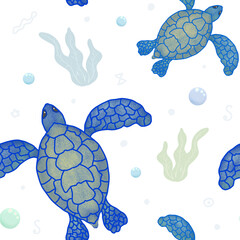 Sea turtle. Seamless pattern with sea turtle, bubbles and algae. Pattern for children's clothing, stationery and wallpaper. Drawn by hand.