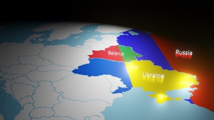 Ukraine - Russia - Belarus borders on map with colors of national flag.