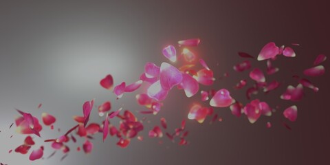 Rose petals with defocus effect. 3D render background illustration.