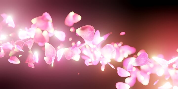 Dreamy rose petals flying and glowing. 3D render background illustration.